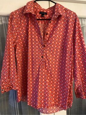 Lands' End Coral Geometric Popover Button-Front Shirt